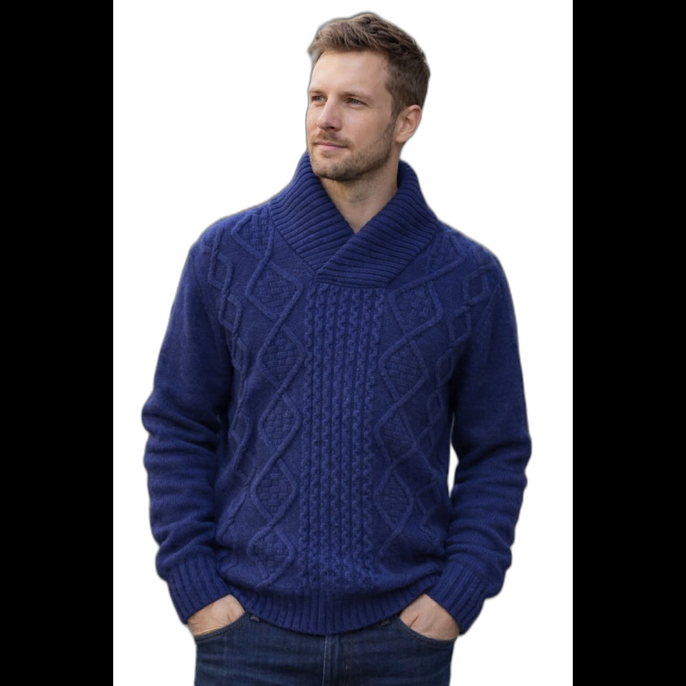 Charter Club Men's Large Blue Cable Knit Shawl Collar Sweater 70% Superfine Wool
